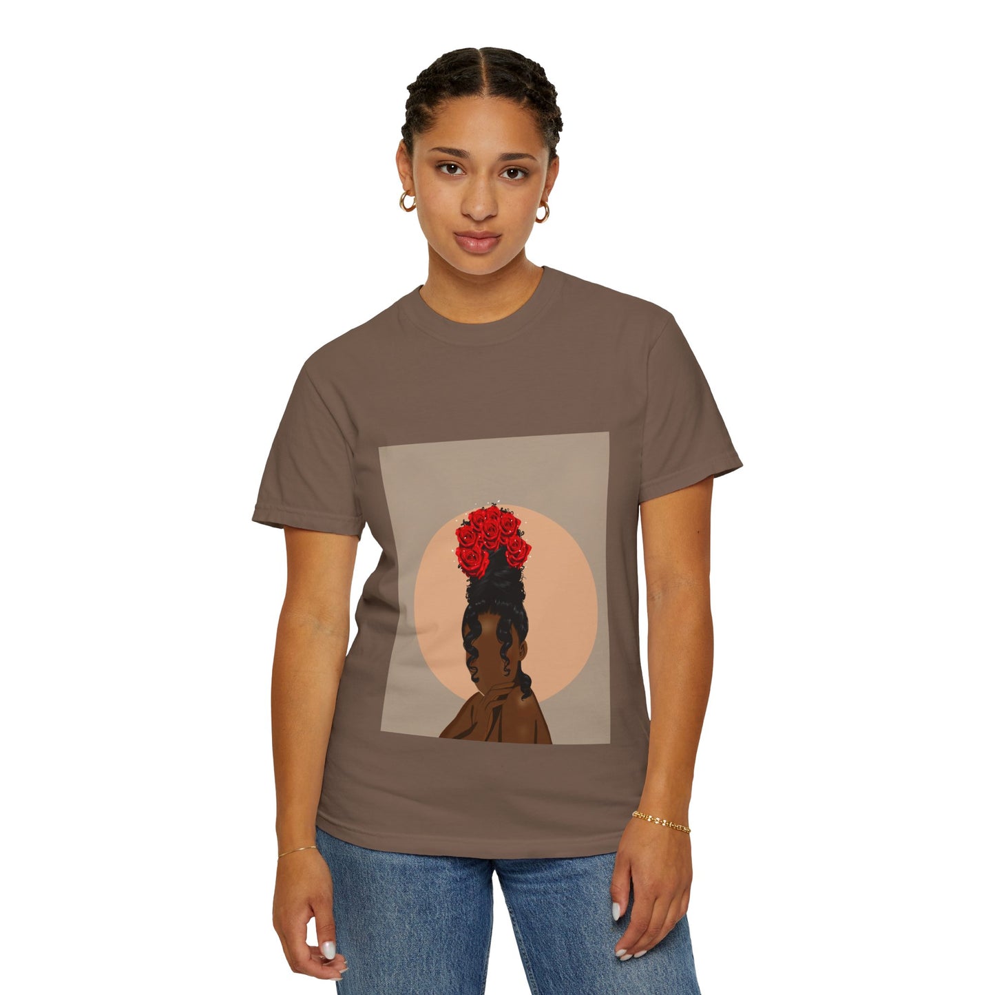 Fleur De Tiff graphic tee showing minimalist portrait of a woman with a rose bouquet as her crown, styled with jeans and gold jewelry.