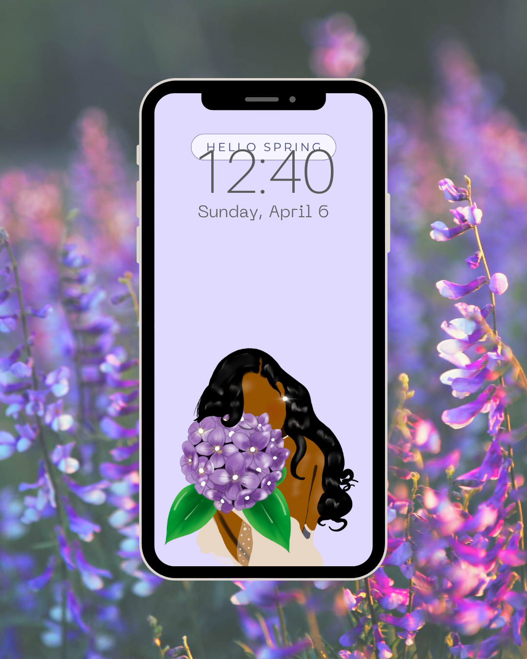 spring phone wallpaper, black woman aesthetic phone background, hello spring lock screen, digital wallpaper for Black girls, lavender flower wallpaper, faceless illustration phone wallpaper, minimalist floral digital art, seasonal wallpaper download, soft life aesthetic background