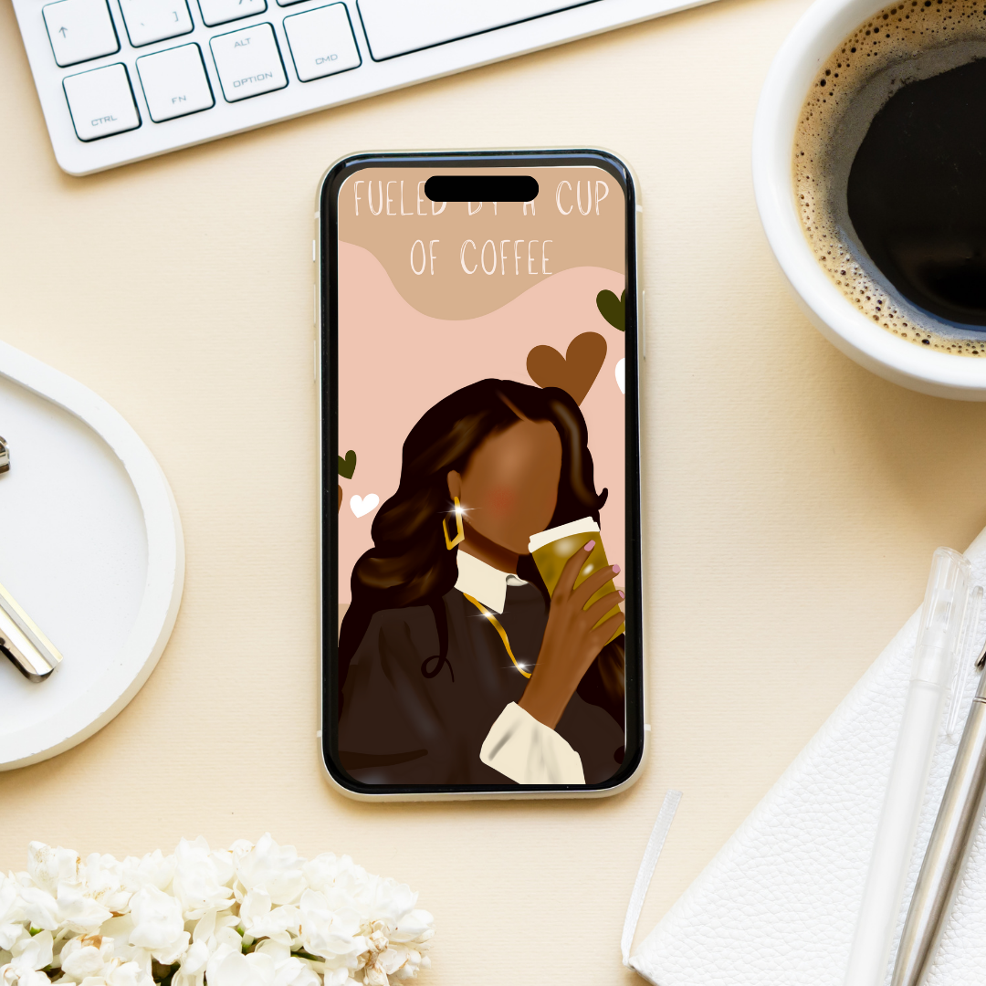 Fueled By a Cup of Coffee” Digital Wallpaper – Neutral Aesthetic Black Girl Art Illustration