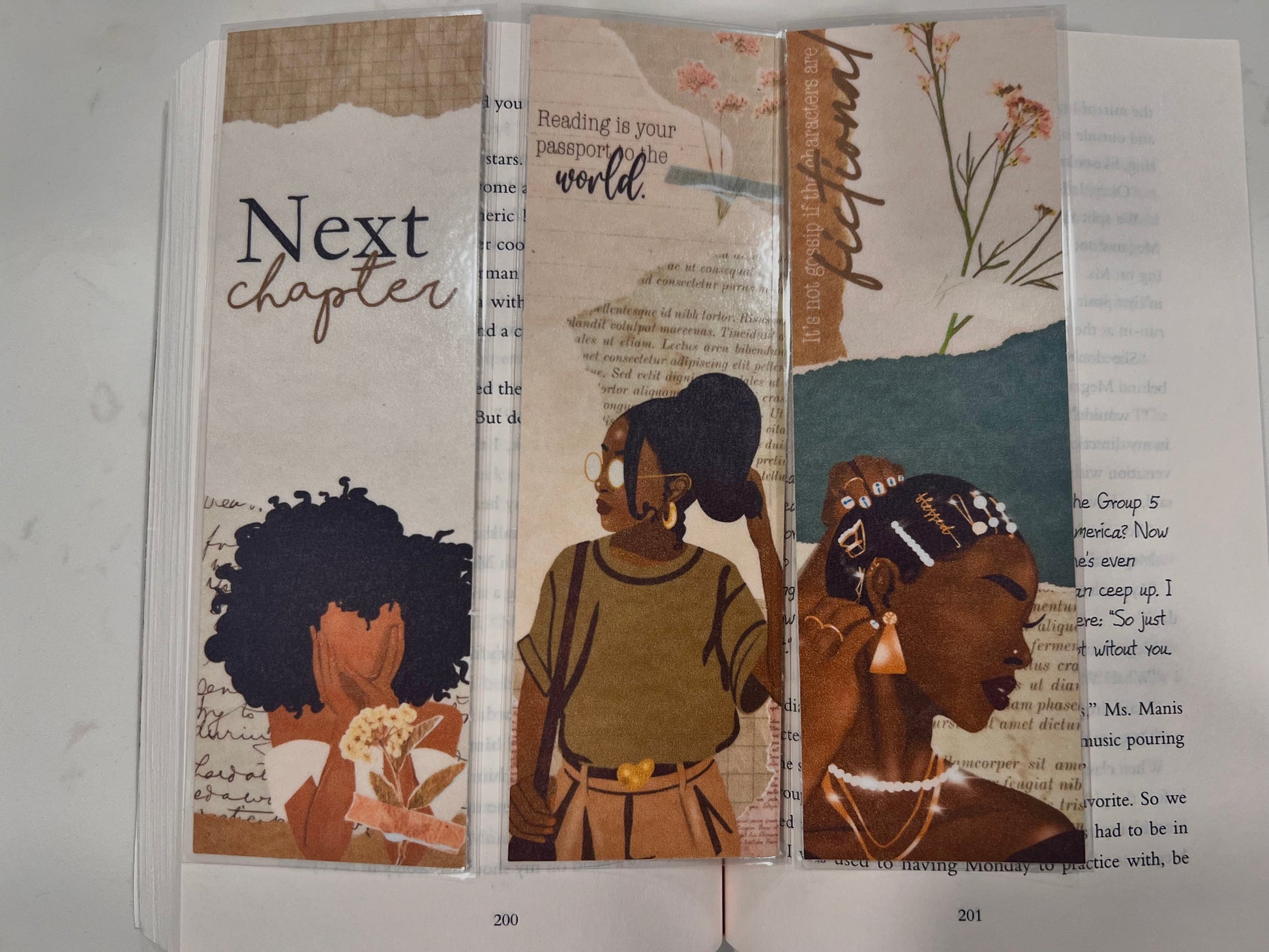 bookmarks featuring  vibrant and empowering illustration of a confident Black woman with flowing natural hair, adorned in bold colors and patterns