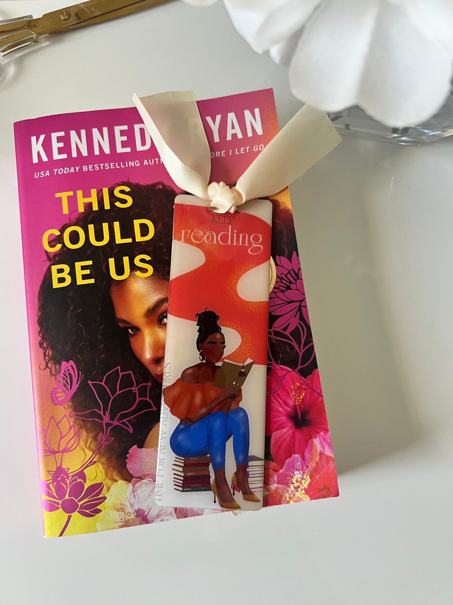 Keep Reading" Acrylic Bookmark with Satin Beige Ribbon – 2x6 Inches