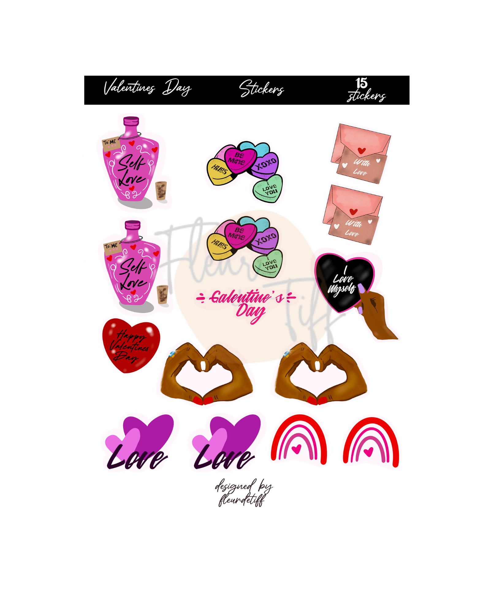 A delightful sticker sheet featuring a variety of heartwarming and romantic illustrations perfect for Valentine's Day. Express your love and celebrate the season with these charming stickers, including hearts, cupid, and sweet messages to add a touch of affection to your crafts and cards