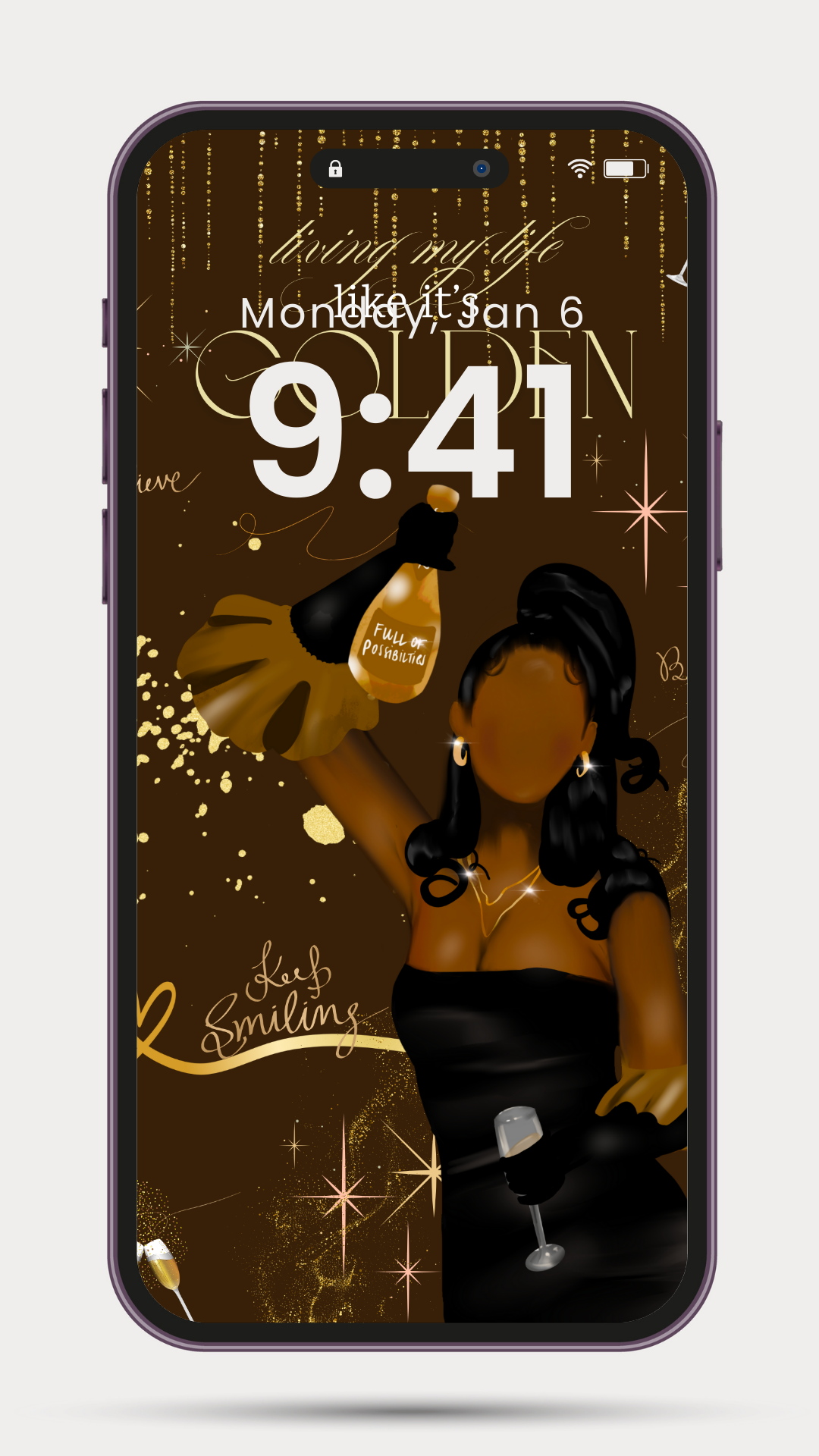 black girl phone wallpaper, digital download phone wallpaper, luxury aesthetic lock screen, black woman illustration, affirmation wallpaper, soft life digital art, motivational wallpaper for women, brown and gold phone background, living my life like it’s golden wallpaper, faceless black woman art