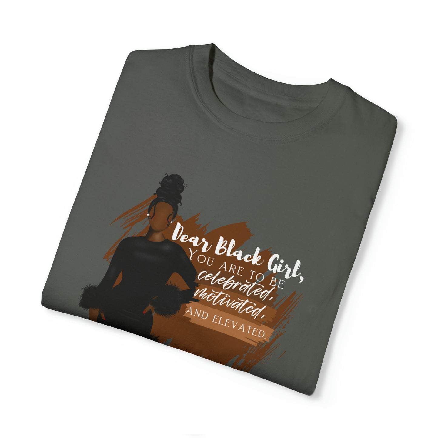 A powerful and affirming graphic tee that features the text 'Dear Black Girl' in bold letters against a backdrop of vibrant colors. The design exudes positivity and pride, celebrating the beauty, strength, and uniqueness of Black girls. An inspiring statement piece for embracing individuality and cultural identity