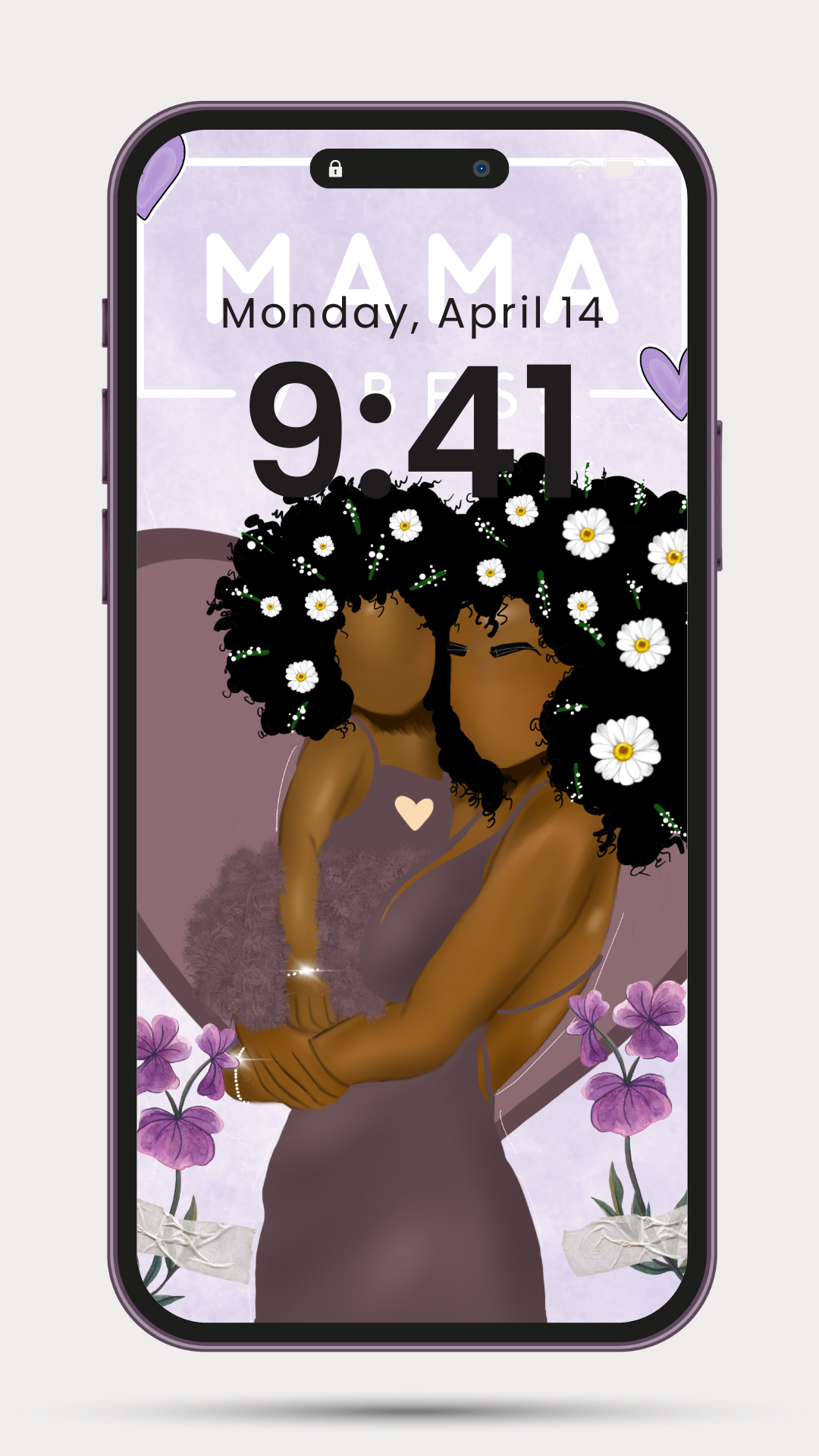 black mom phone wallpaper, mother and daughter digital art, mama vibes wallpaper, pastel phone background, mommy and me art, motherhood phone wallpaper, black mother daughter aesthetic, digital download for moms, faceless black girl art, purple soft aesthetic lock screen