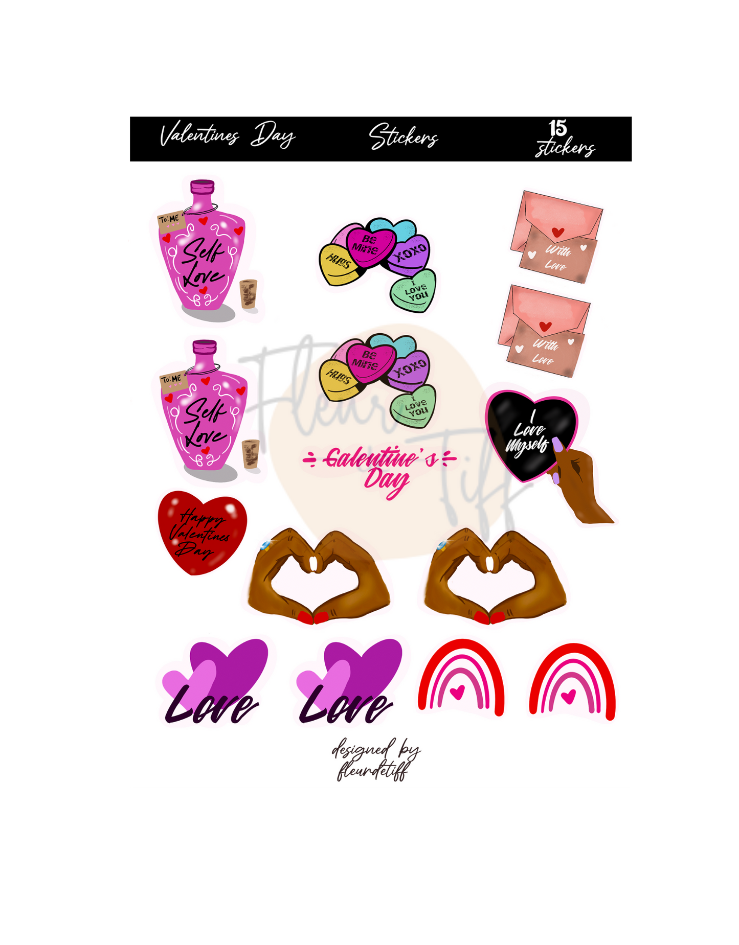 A delightful sticker sheet featuring a variety of heartwarming and romantic illustrations perfect for Valentine's Day. Express your love and celebrate the season with these charming stickers, including hearts, cupid, and sweet messages to add a touch of affection to your crafts and cards
