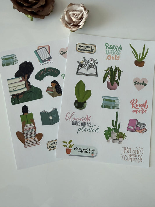 white sticker sheets with pastel color stickers of black woman holding books,plants, stacks of books and sayings.
