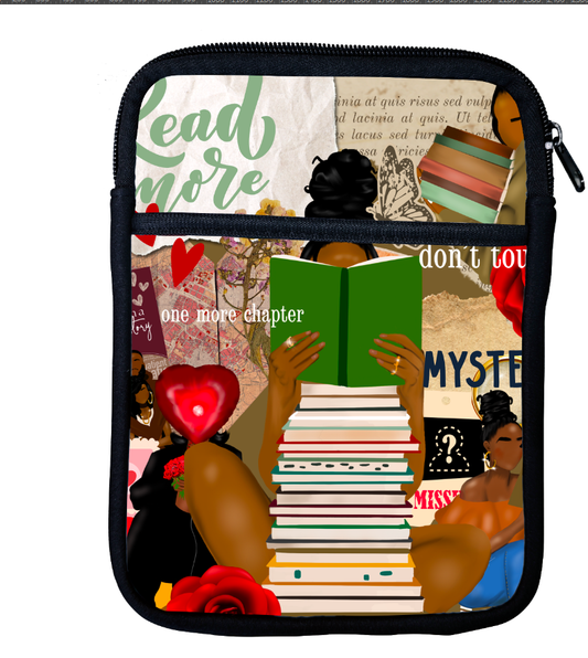 Cozy bookish Kindle pouch with collage-style design featuring a Black woman reading, stacked books, and romantic soft-girl aesthetic — perfect for book lovers and readers
